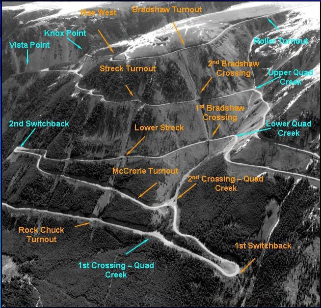 Aerial view of Bradshaw Turnout and crossings with labels for key points.