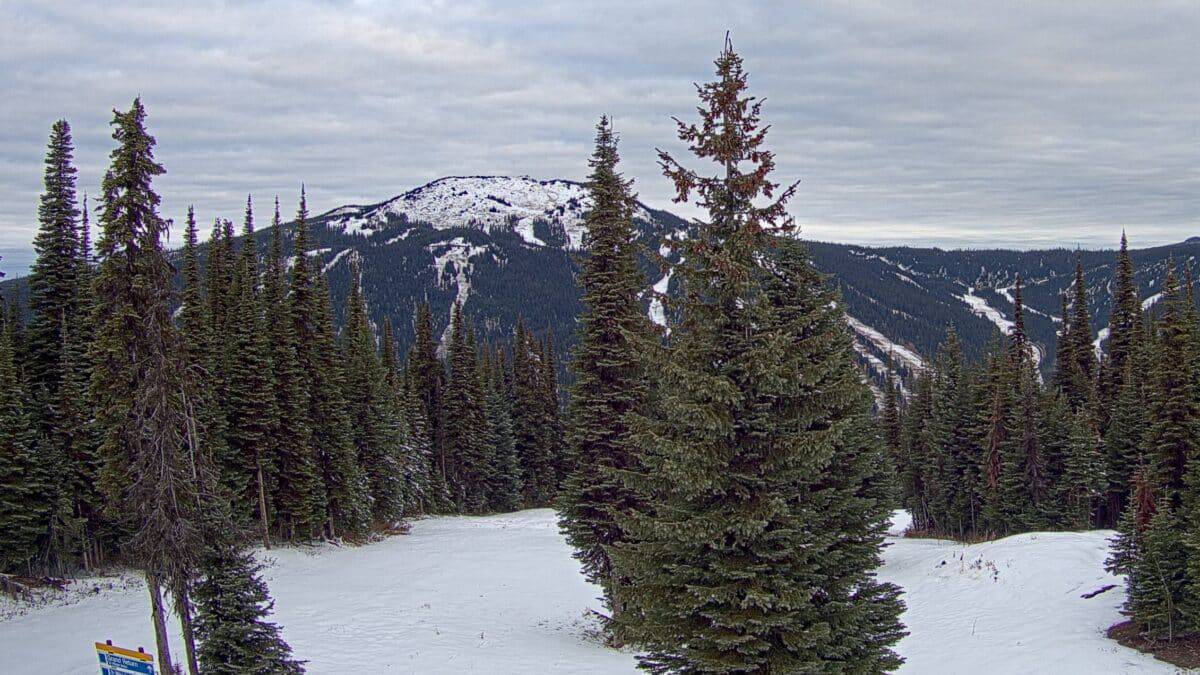 Snowy mountain landscape with evergreen trees under cloudy sky.