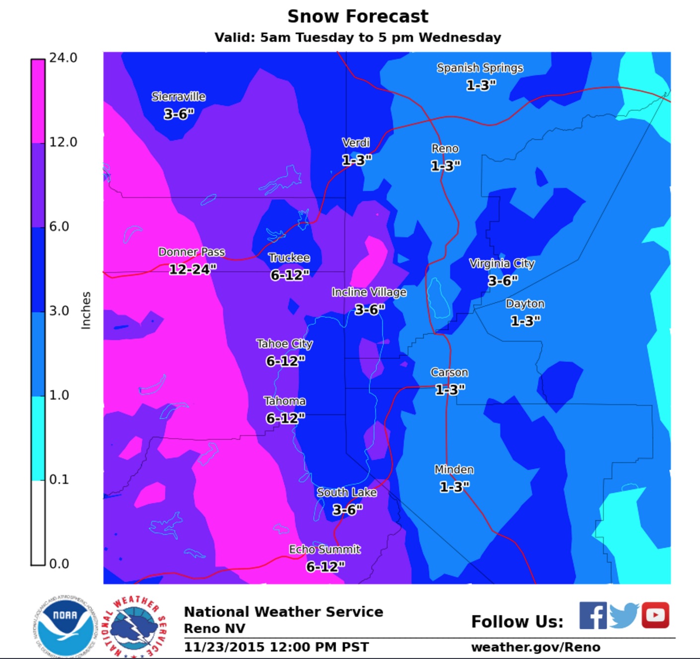 NOAA Tahoe Snow Storm Updated 100mph Winds, Snowfall of 13″ Per