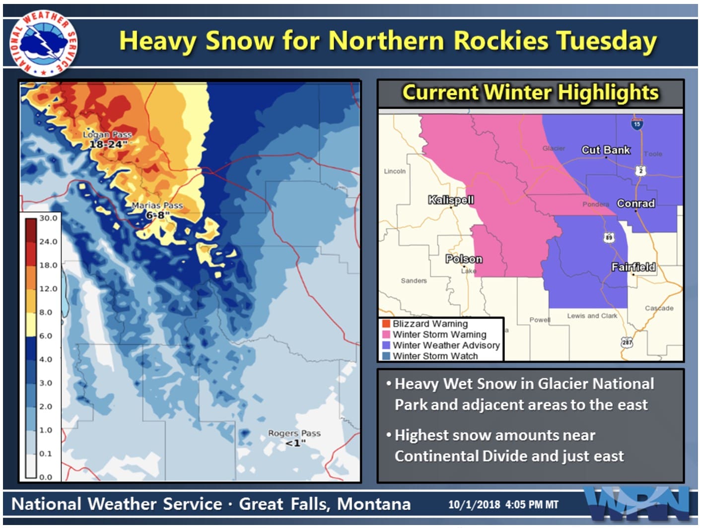 NOAA Winter Storm Warning For Montana 1822″ of Snow Above 6,500ft