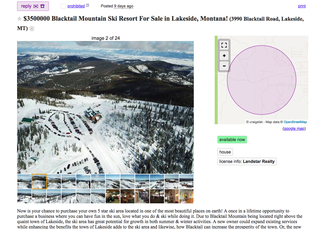 Montana Ski Resort For Sale On Craigslist For $3.5 Million