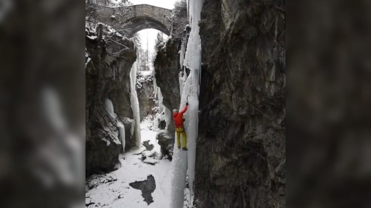 Sketchy Ice Flow Releases With Climber On It