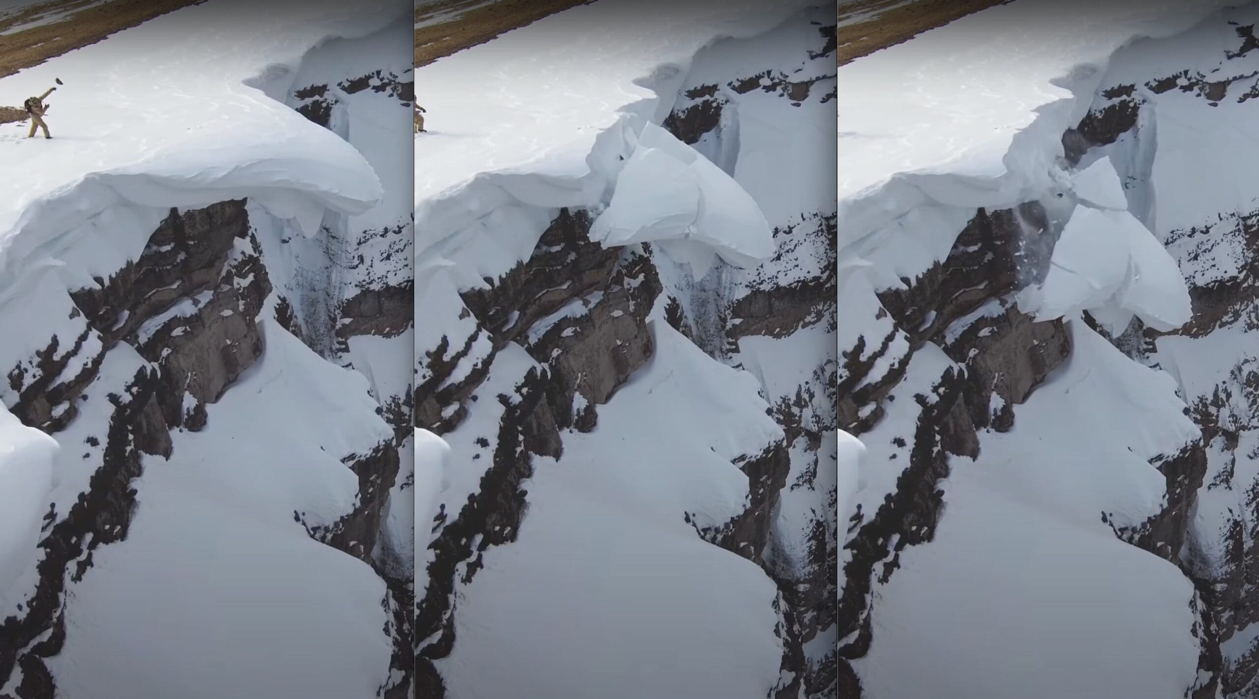 VIDEO: Rock Chucking Skier Releases Massive Overhanging Cornice
