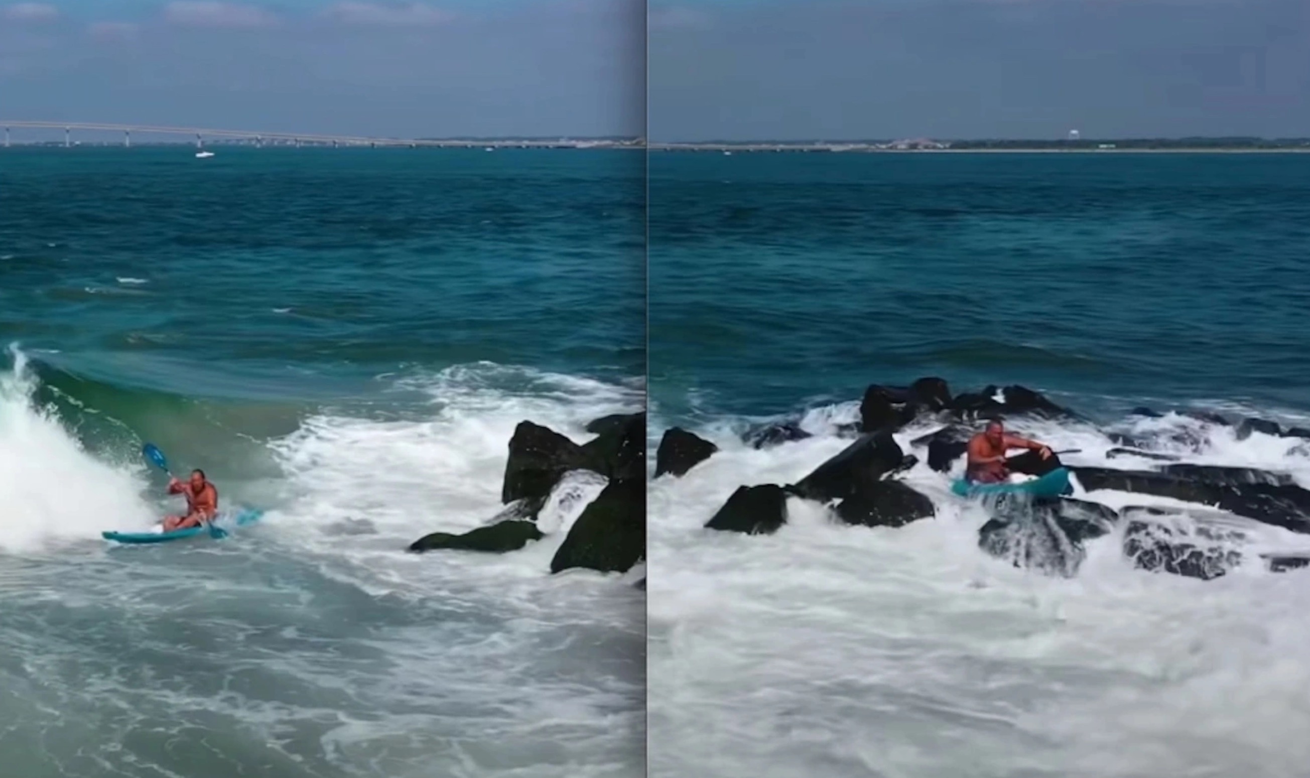 VIDEO: Kayaker Gets Pummeled By Wave, Miraculously Lands Safely On Jagged Rocks